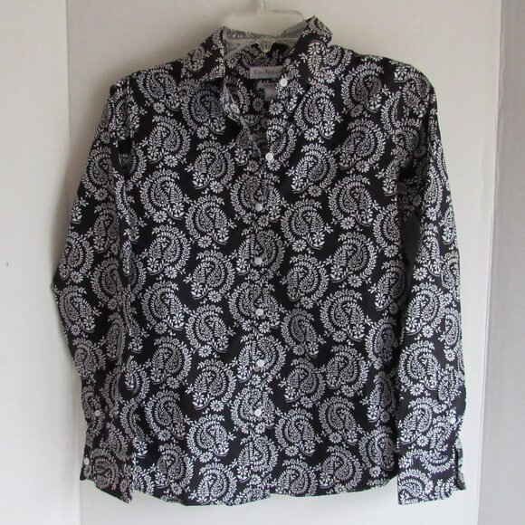 Kim Rogers Tops - Kim Rogers Black White Paisley No Iron Button Down LS Cotton Shirt Size Small